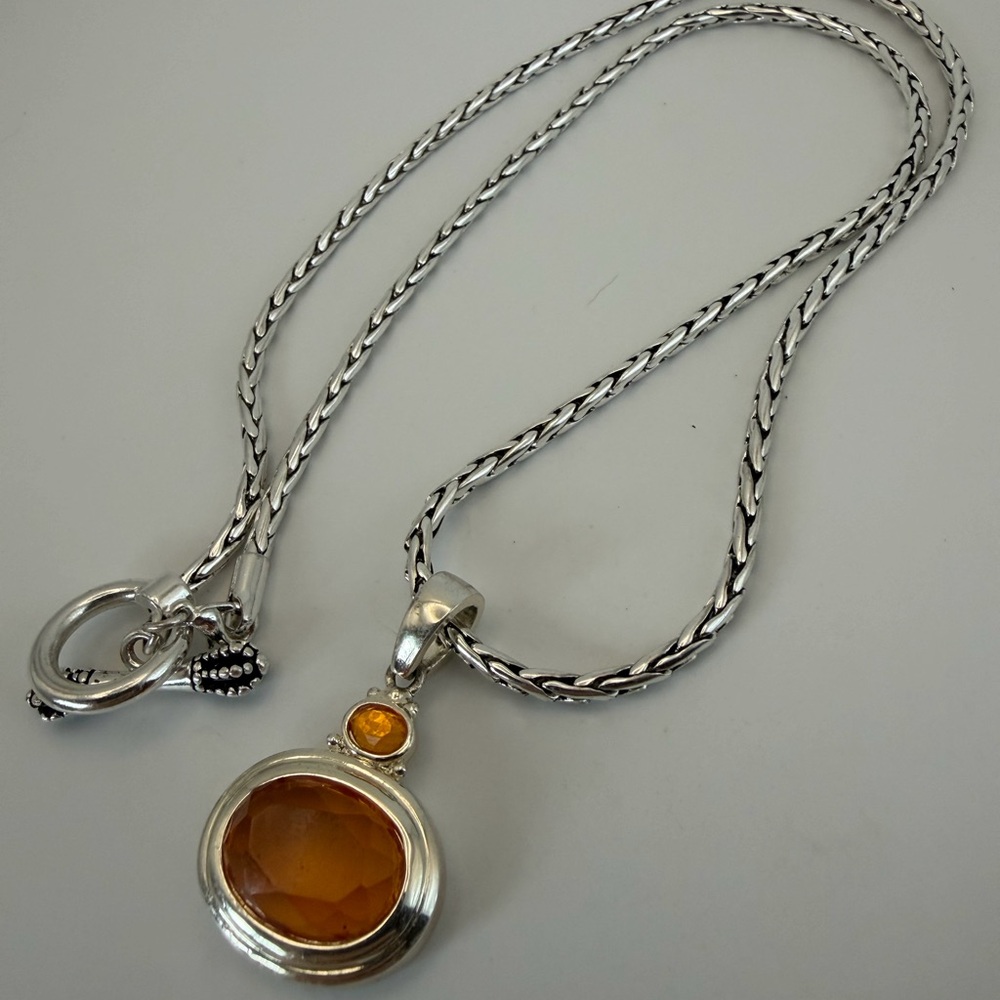 Silver Braided Chain with Amber Glass Color Oval Pendant 22”